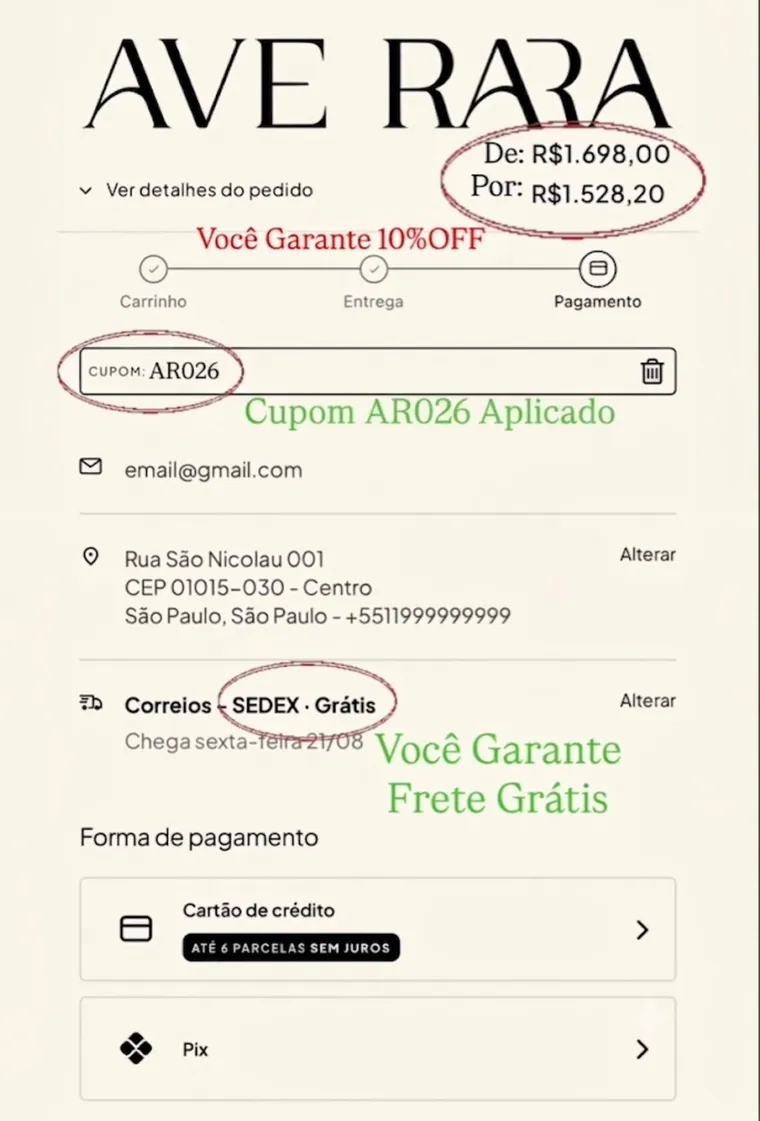 Cupom de desconto aplicado no checkout Ave Rara, com o valor total reduzido em 10% após inserir o código AR026 e frete grátis garantido.