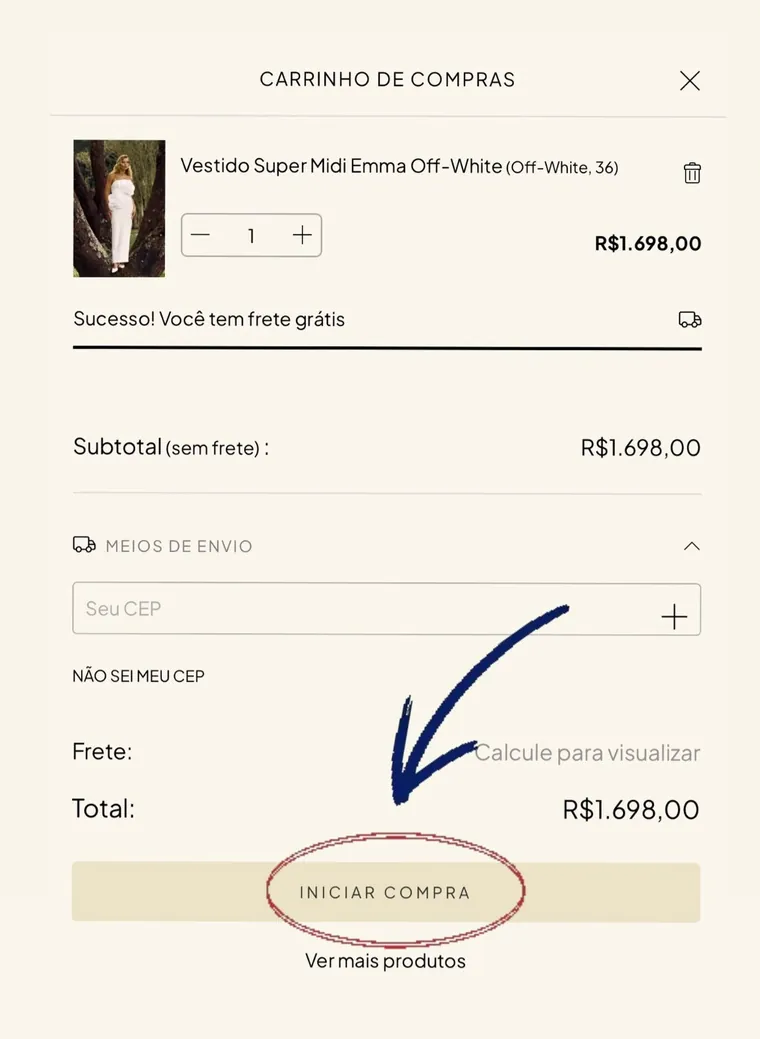 Tela do carrinho de compras Ave Rara mostrando frete grátis liberado e o botão Iniciar Compra em destaque para usar o código de vendedora AR026.