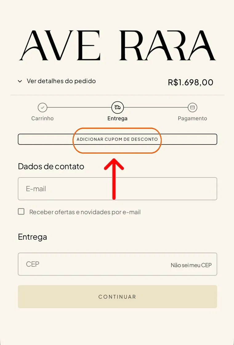 Checkout Ave Rara com o botão Adicionar cupom de desconto destacado, onde a cliente deve digitar o código de vendedora AR026.